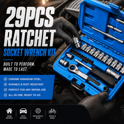 29pcs Core Ratchet Socket Wrench Kit – Chrome‑vanadium steel, 11 sockets & 10 bits. Perfect for car repairs & DIY – save on garage bills! 🛠️✨