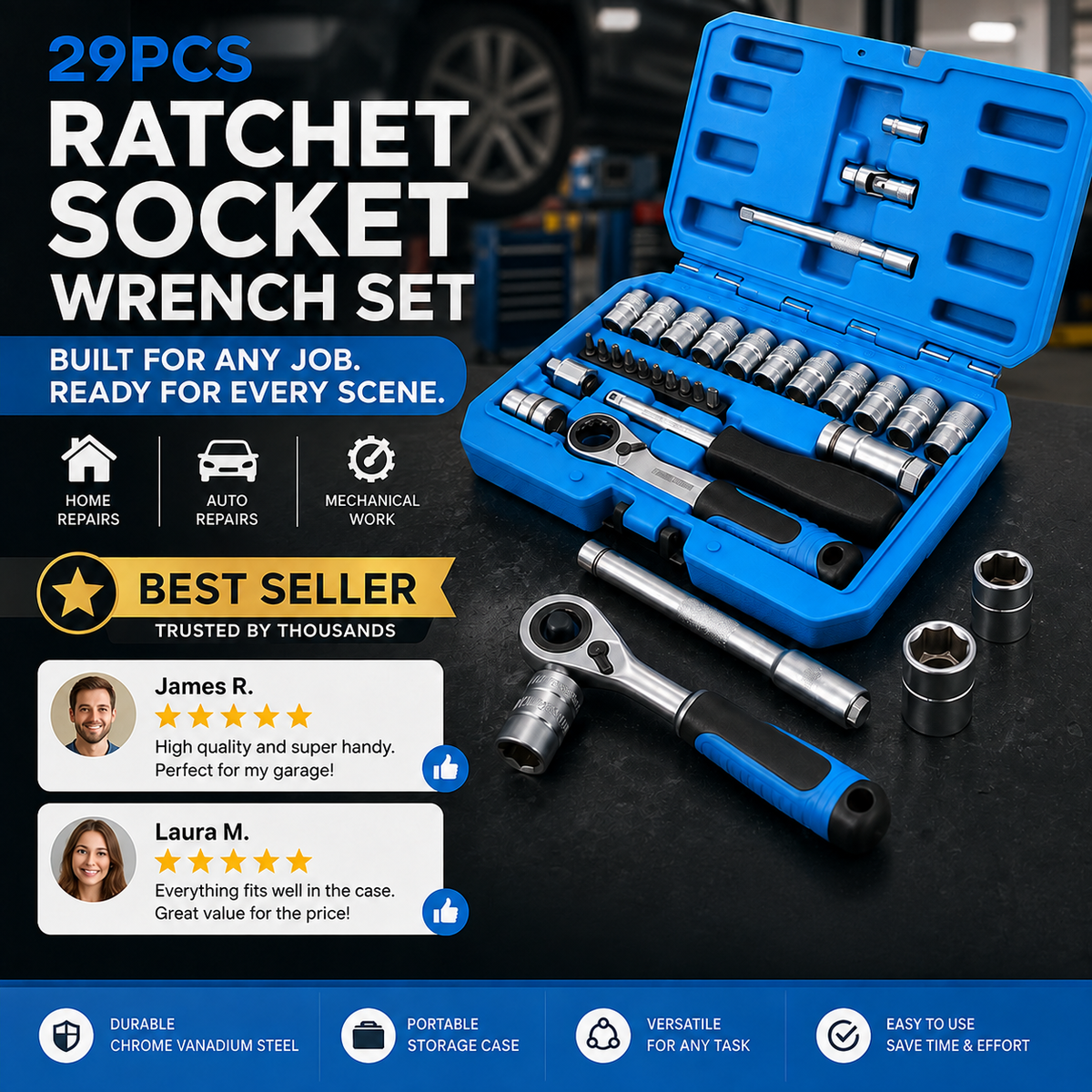 29pcs Core Ratchet Socket Wrench Kit – Chrome‑vanadium steel, 11 sockets & 10 bits. Perfect for car repairs & DIY – save on garage bills! 🛠️✨